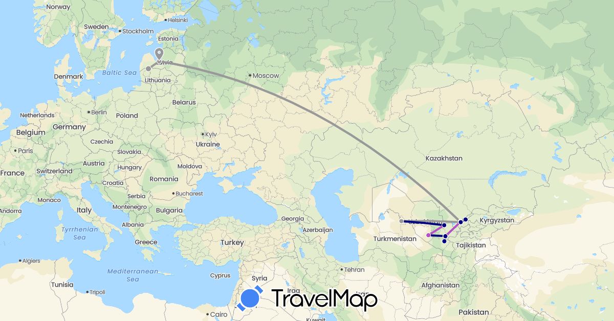 TravelMap itinerary: driving, plane, train in Lithuania, Latvia, Uzbekistan (Asia, Europe)